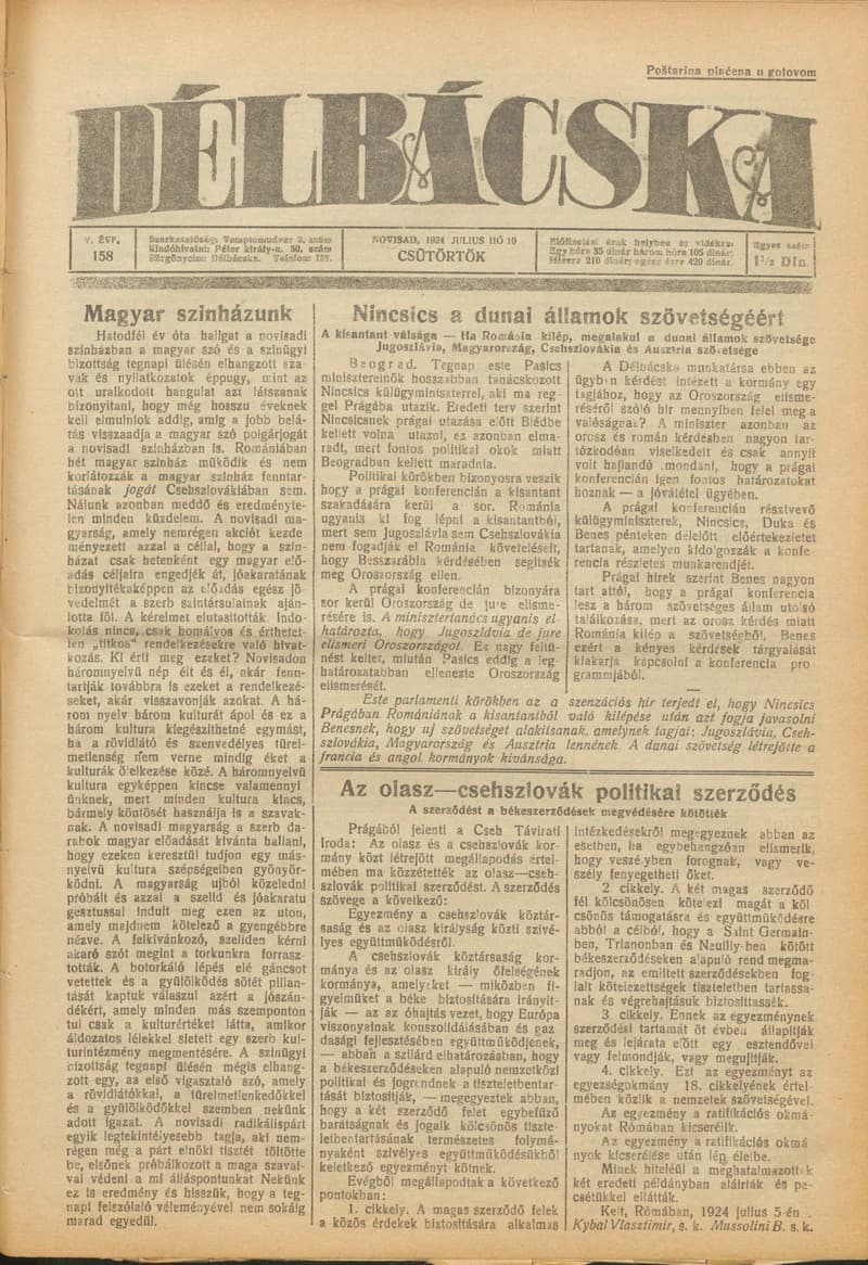 Délbácska, 5. évf. 1924. július 10. 158. sz.