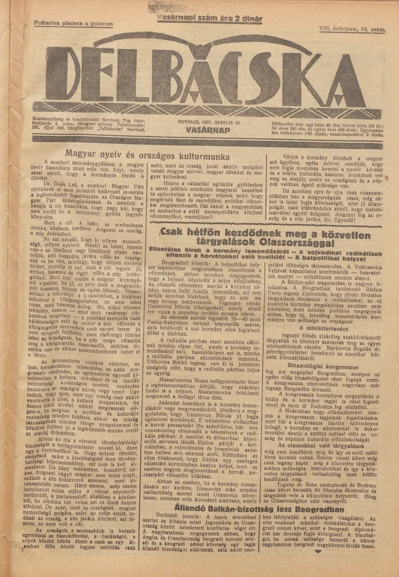 Délbácska, 8. évf. 1927. április 10. 84. sz.
