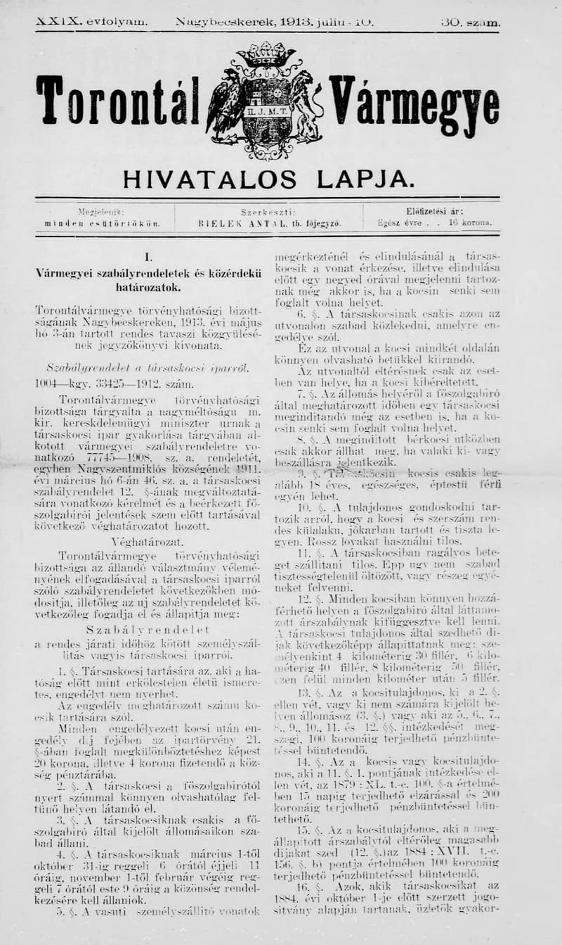 Torontál Vármegye Hivatalos Lapja, 29. évf. 1913. július 10. 30. sz.
