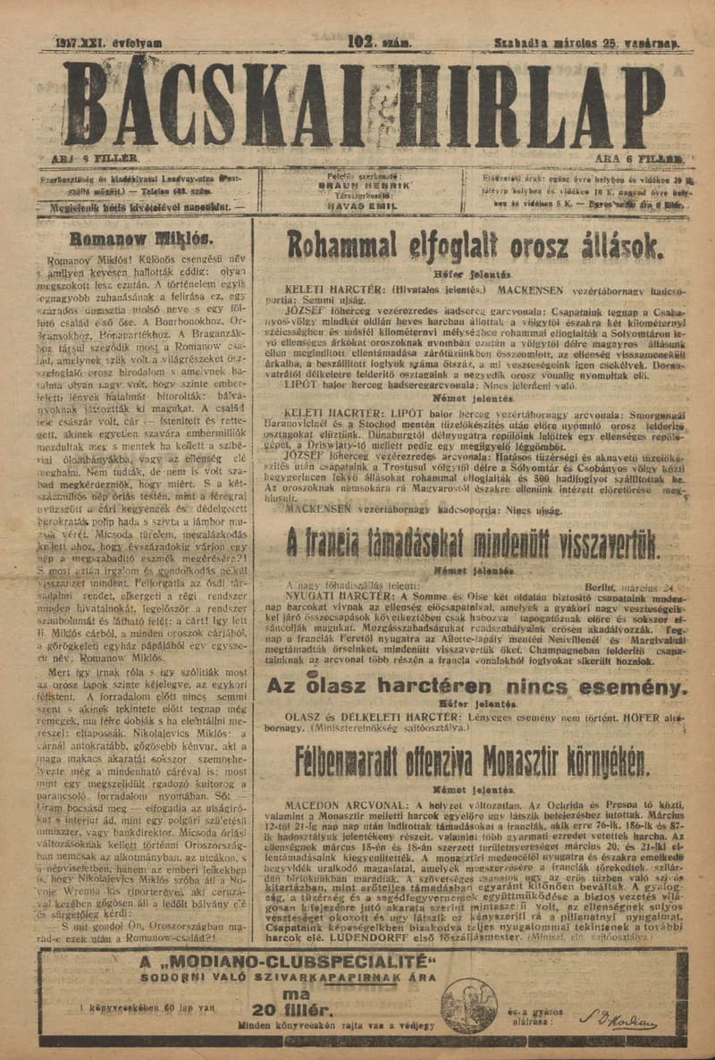 Bácskai Hirlap, 21. évf. 1917. március 25. 102. sz.