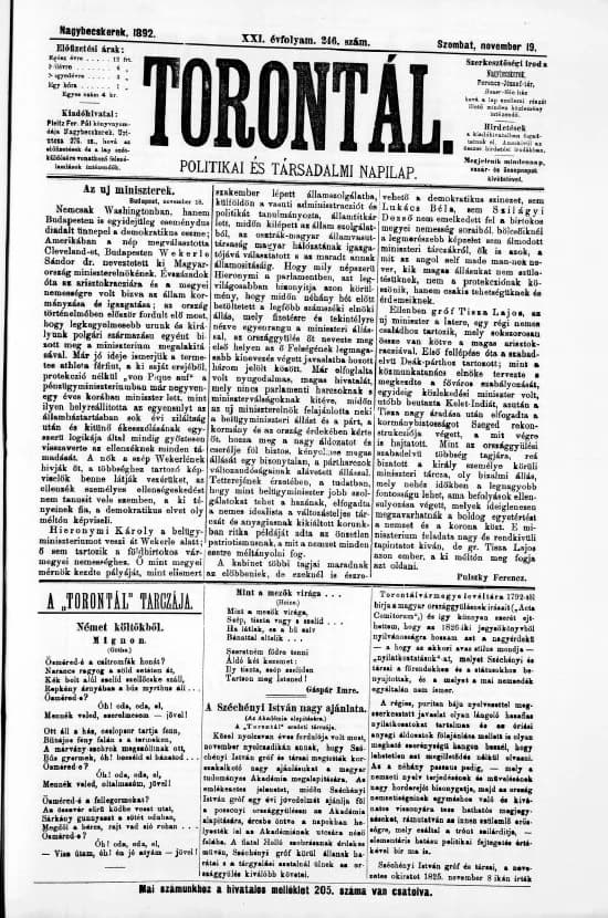 Torontál, 21. évf. 1892. november 19. 246. sz.