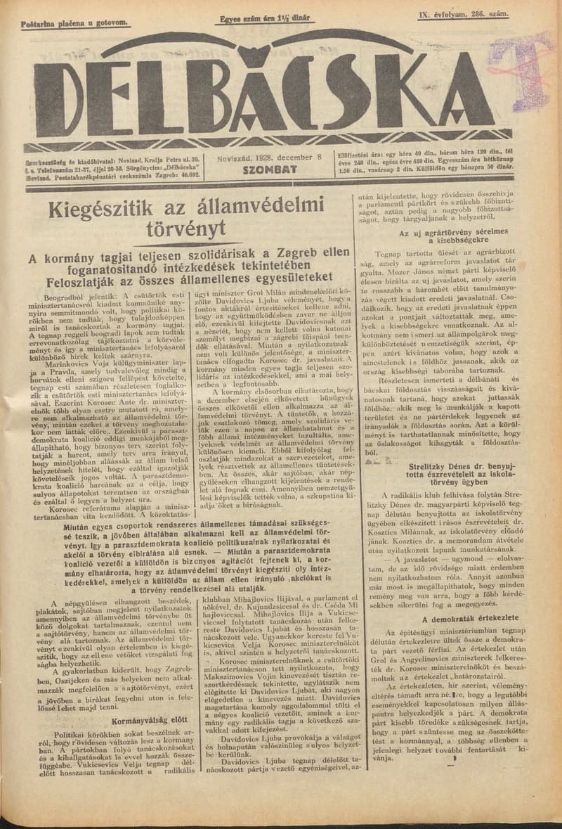 Délbácska, 9. évf. 1928. december 8. 286. sz.
