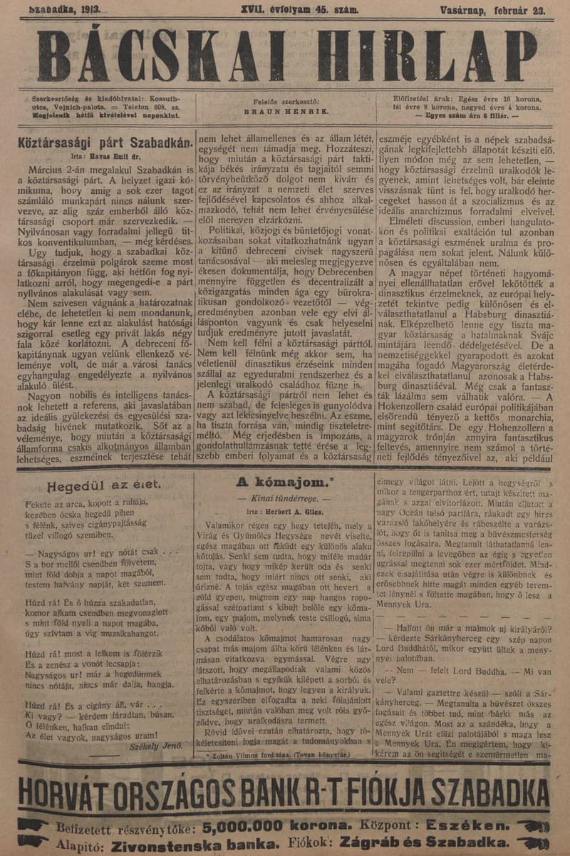 Bácskai Hirlap, 17. évf. 1913. február 23. 45. sz.
