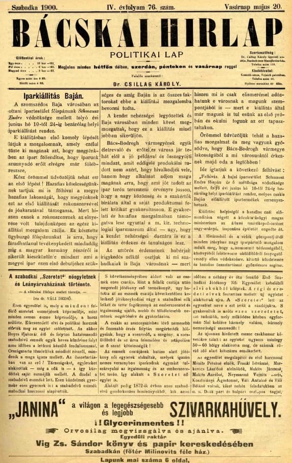 Bácskai Hirlap, 4. évf. 1900. május 20. 76. sz.