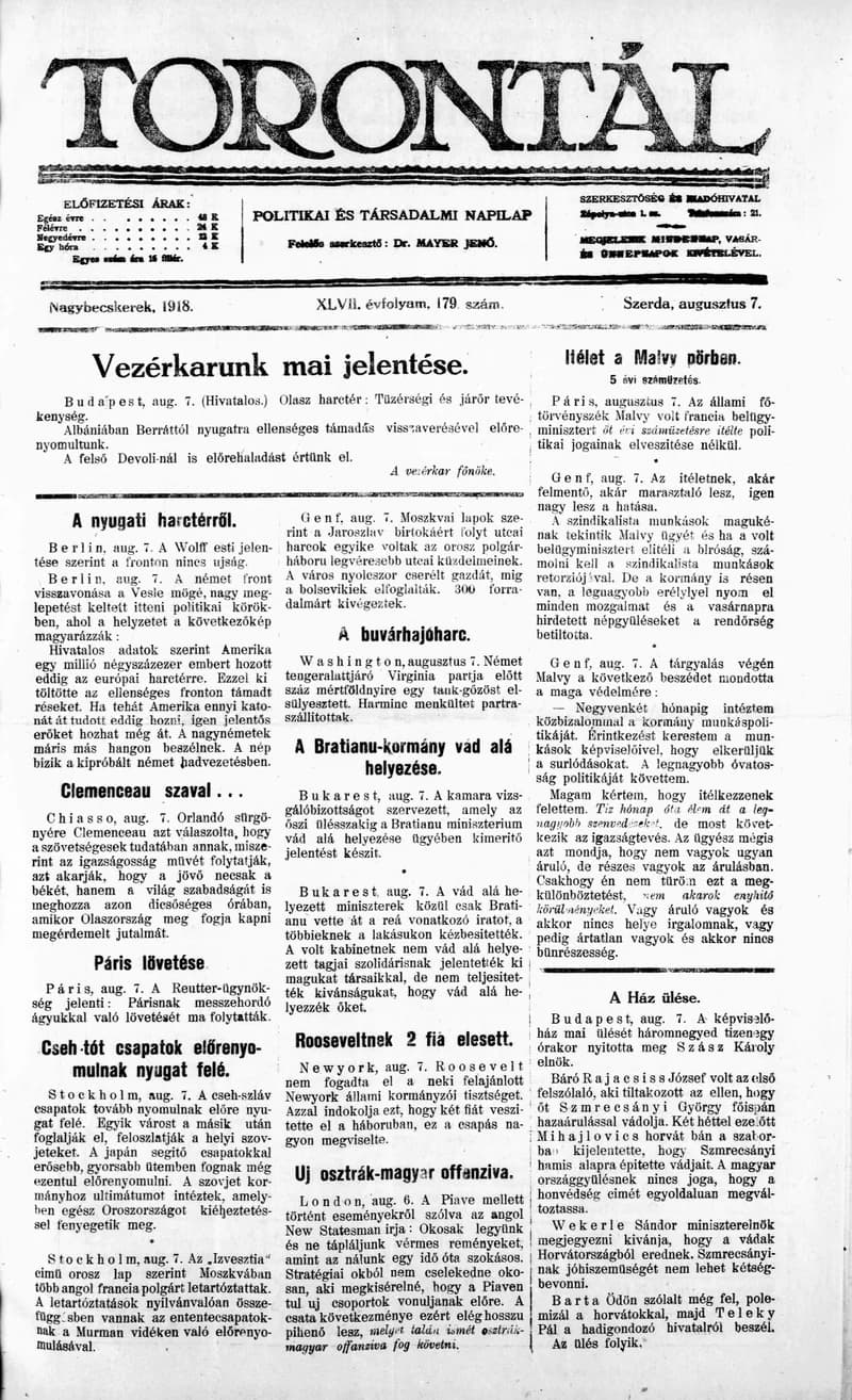 Torontál, 47. évf. 1918. augusztus 7. 179. sz.