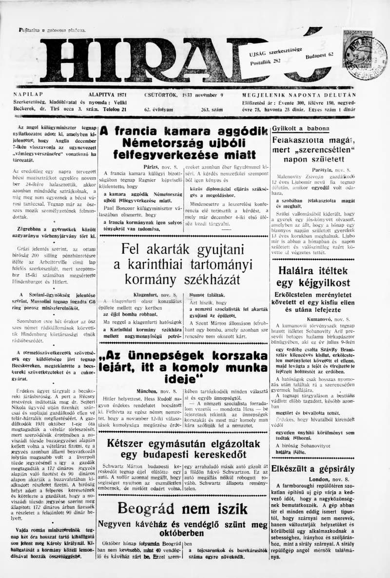 Híradó, 62. évf. 1933. november 9. 263. sz.