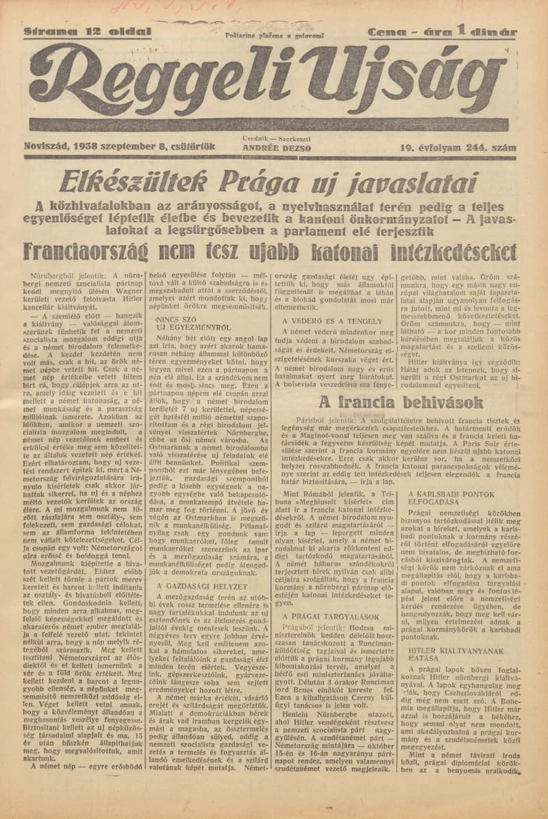 Reggeli Újság, 19. évf. 1938. szeptember 8. 244. sz.