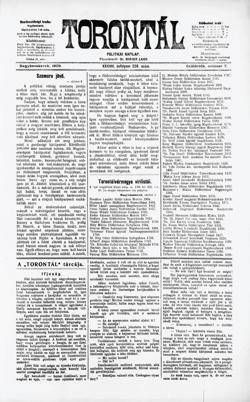 Torontál, 38. évf. 1909. október 7. 228. sz.