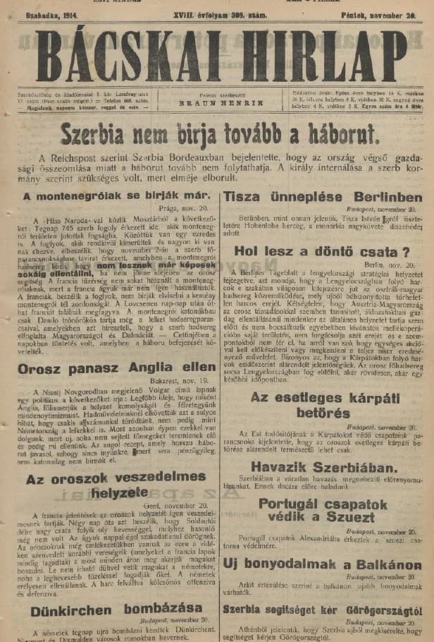 Bácskai Hirlap, 18. évf. 1914. november 20. 309. sz.