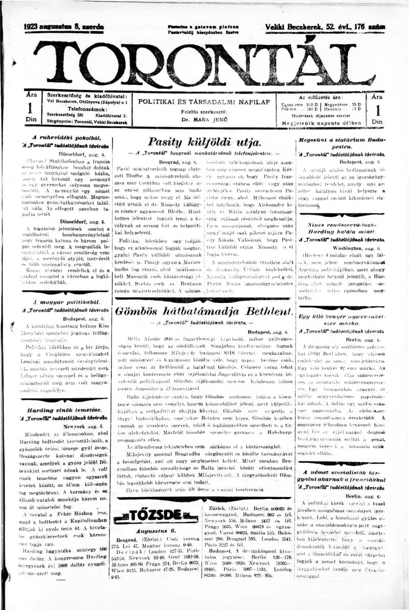 Torontál, 52. évf. 1923. augusztus 8. 176. sz.