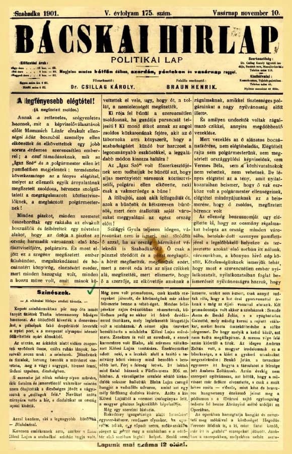 Bácskai Hirlap, 5. évf. 1901. november 10. 175. sz.