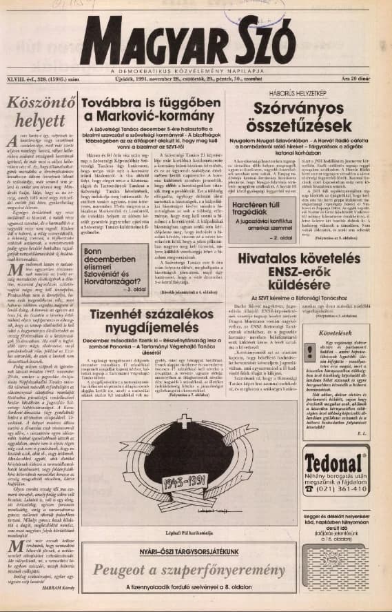 Magyar Szó, 48. évf. 1991. november 28. – 30. 328. sz. 1–20. oldal