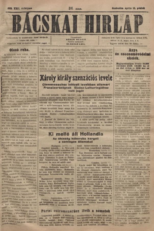 Bácskai Hirlap, 22. évf. 1918. április 12. 84. sz.