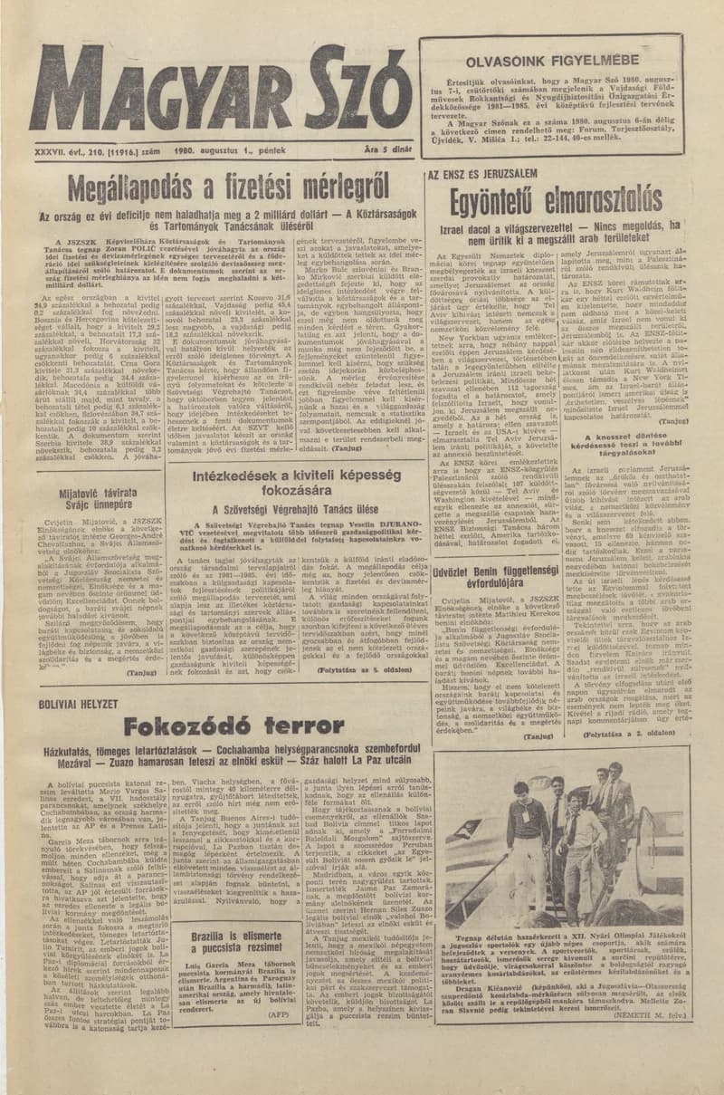 Magyar Szó, 37. évf. 1980. augusztus 1. 210. sz. 1–20. oldal
