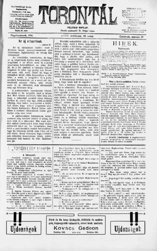 Torontál, 35. évf. 1906. március 29. 73. sz.