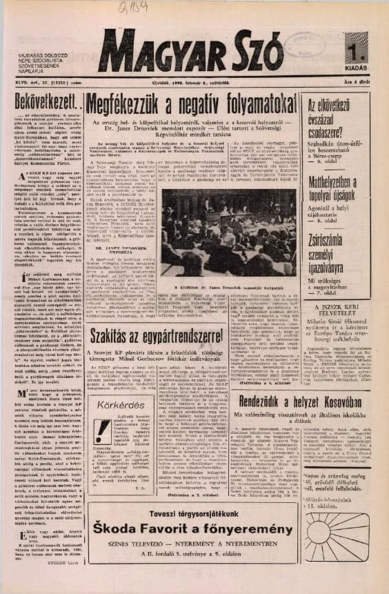 Magyar Szó, 47. évf. 1990. február 8. 37. sz. 1–16. oldal