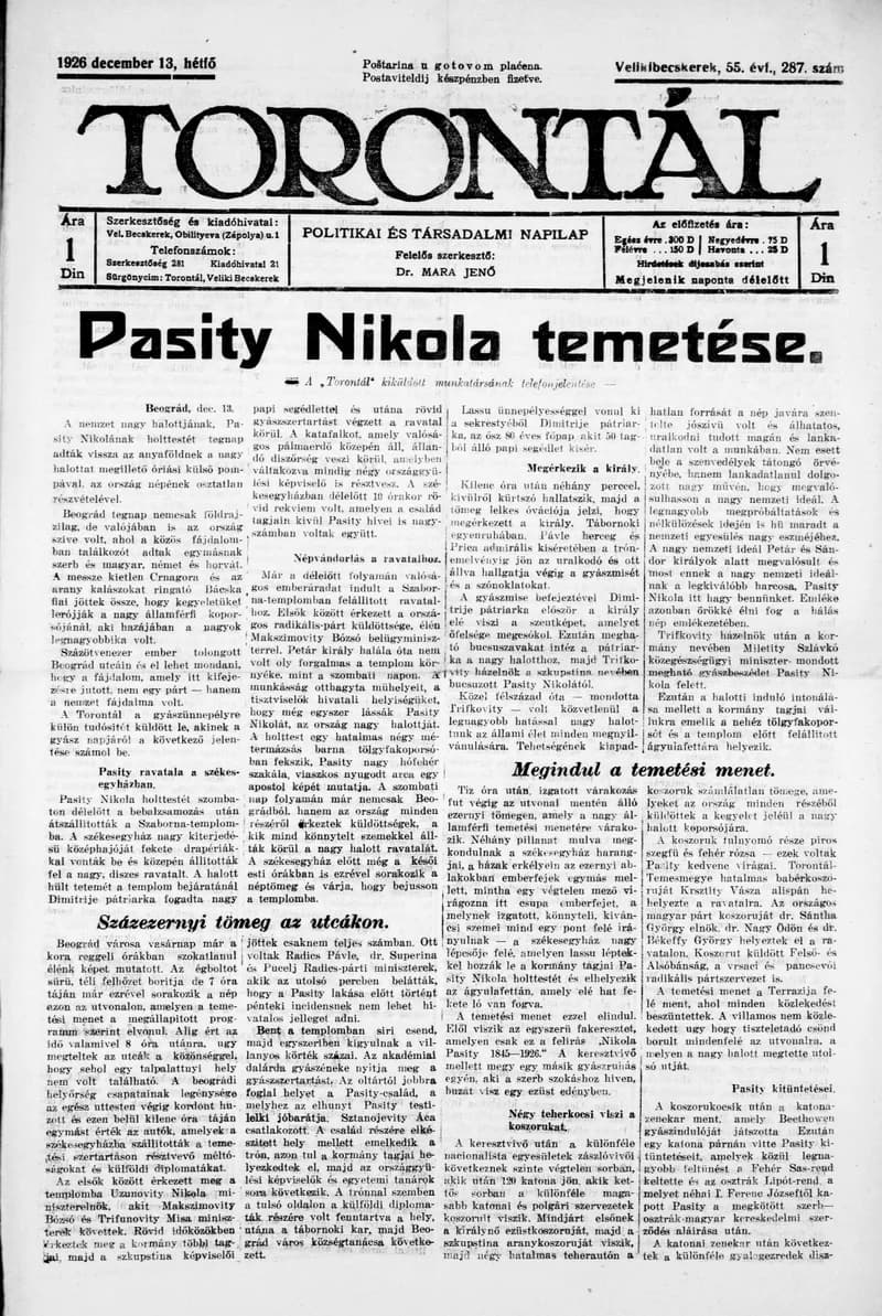Torontál, 55. évf. 1926. december 13. 287. sz.