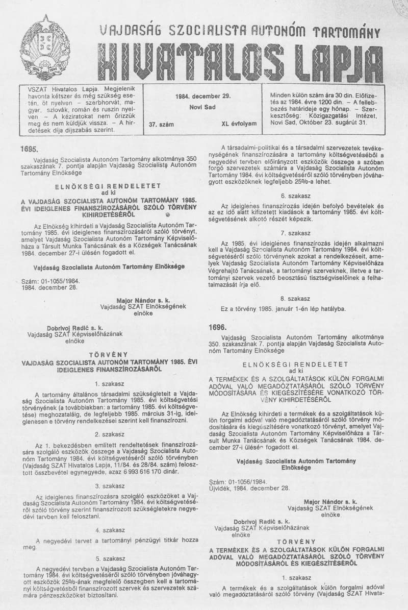 Vajdaság Szocialista Autonóm Tartomány Hivatalos Lapja, 40. évf. 1984. december 29. 37. sz.