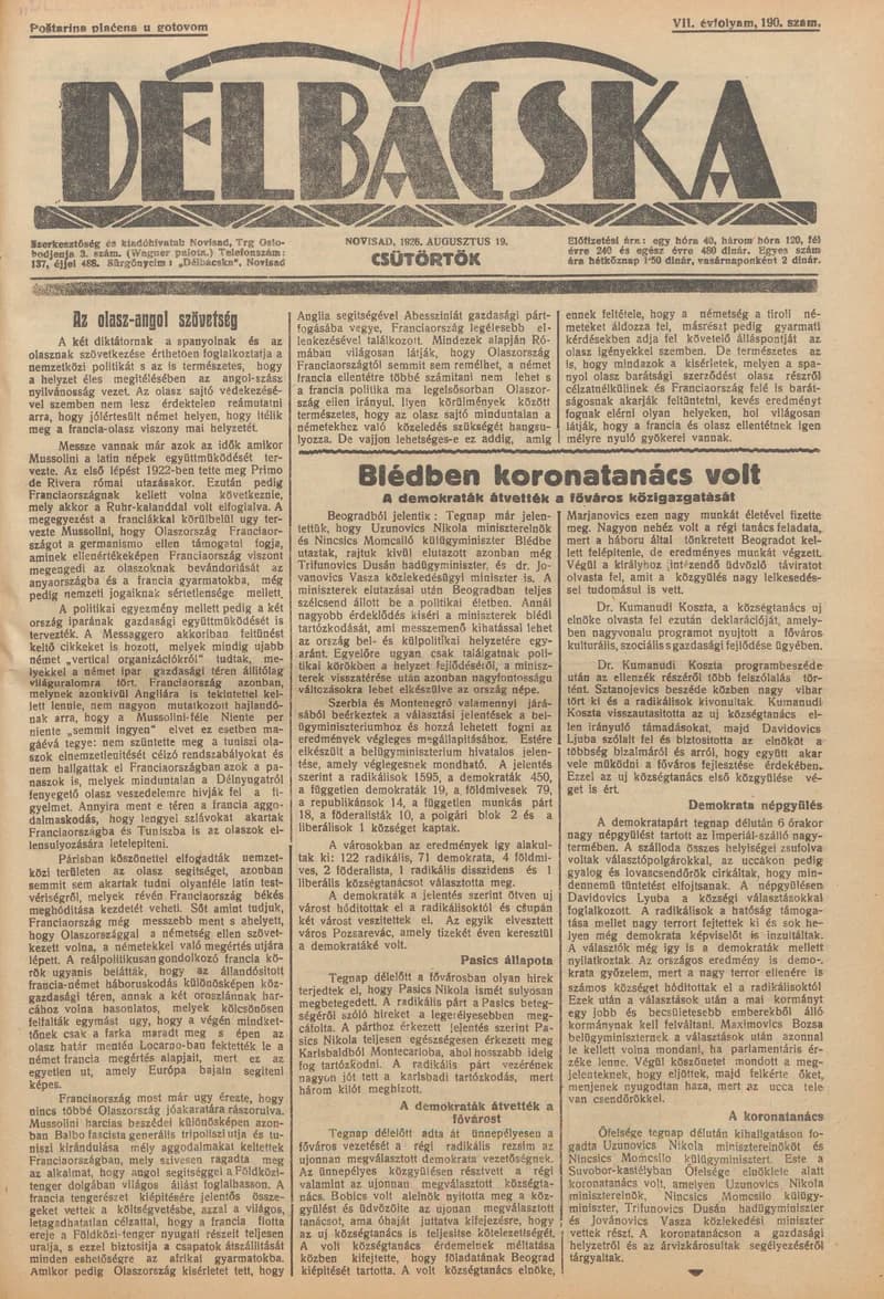 Délbácska, 7. évf. 1926. augusztus 19. 190. sz.