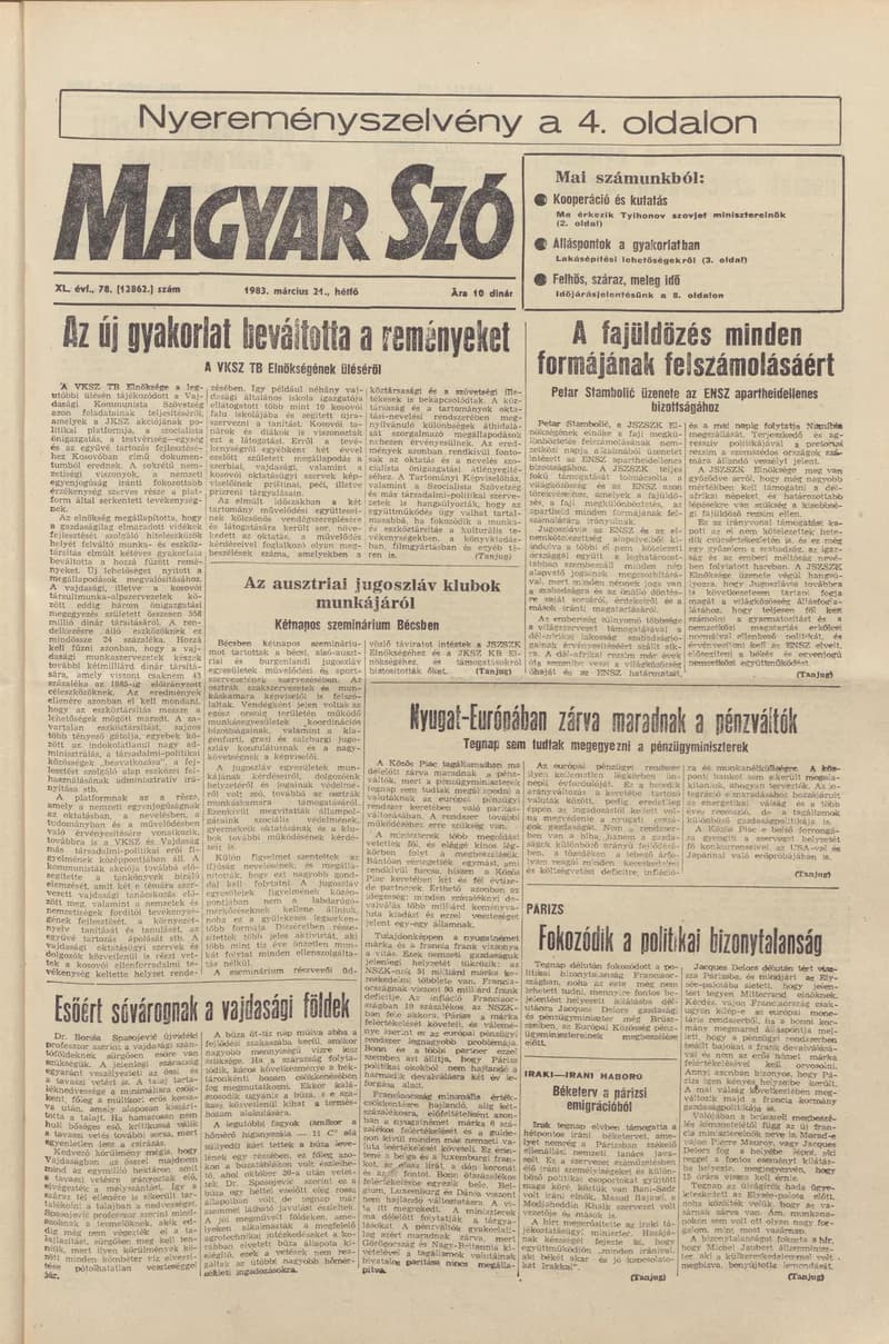 Magyar Szó, 40. évf. 1983. március 21. 78. sz. 1–16. oldal