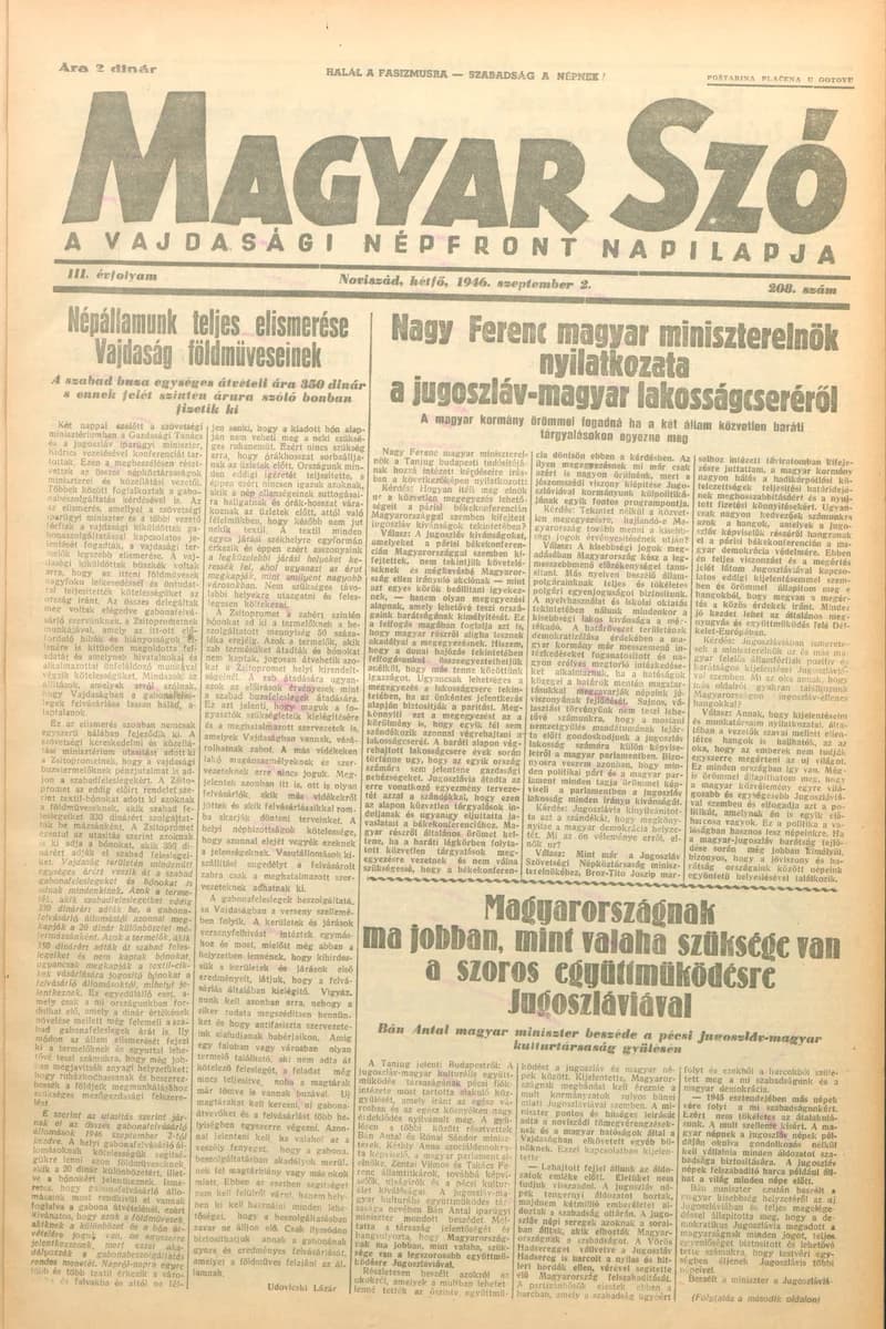 Magyar Szó, 3. évf. 1946. szeptember 2. 208. sz. 1–6. oldal