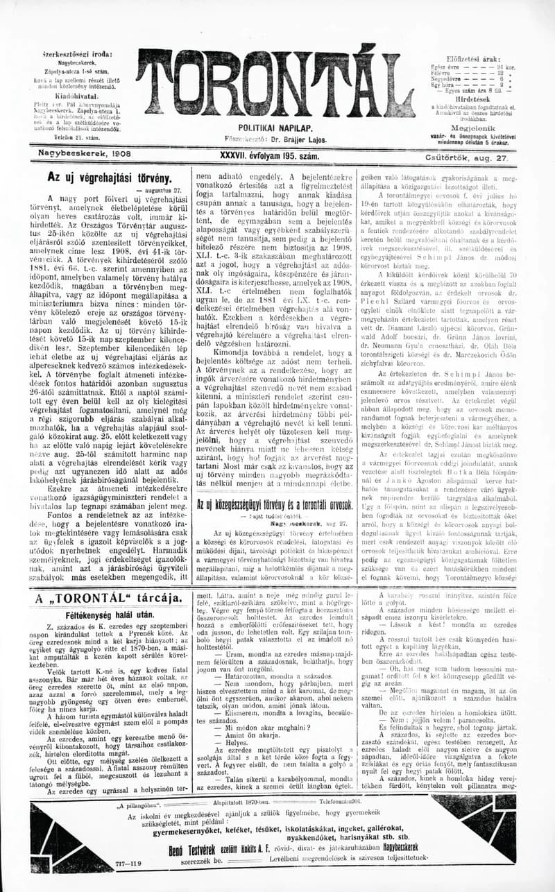 Torontál, 37. évf. 1908. augusztus 27. 195. sz.