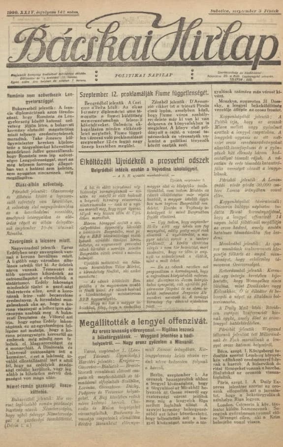 Bácskai Hirlap, 24. évf. 1920. szeptember 3. 142. sz.