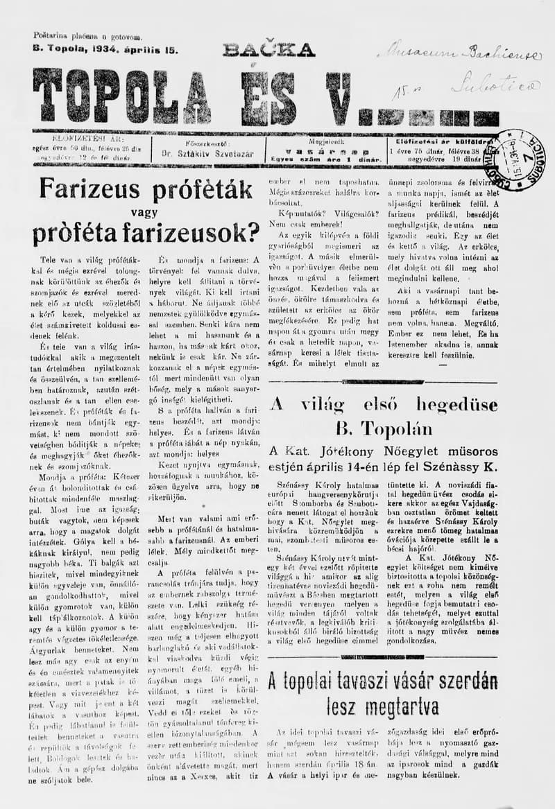 Bačka Topola és Vidéke, 11. évf. 1934. április 15. 15. sz.