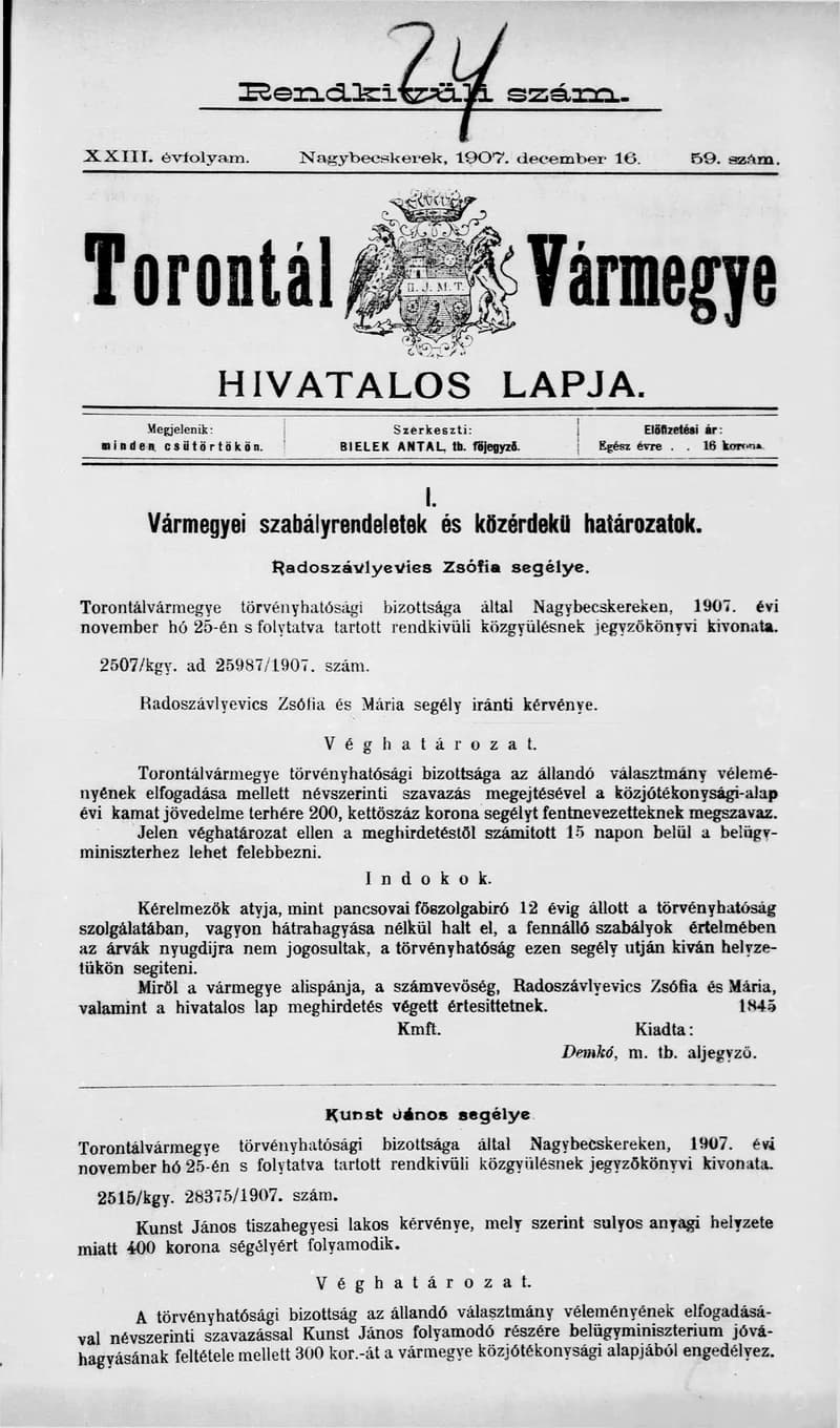 Torontál Vármegye Hivatalos Lapja, 23. évf. 1907. december 16. 59. sz.