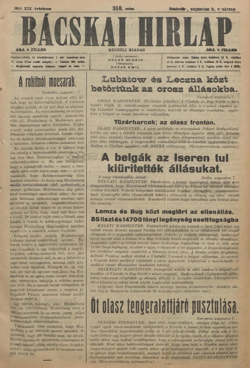 Bácskai Hirlap, 19. évf. 1915. augusztus 8. 358. sz.