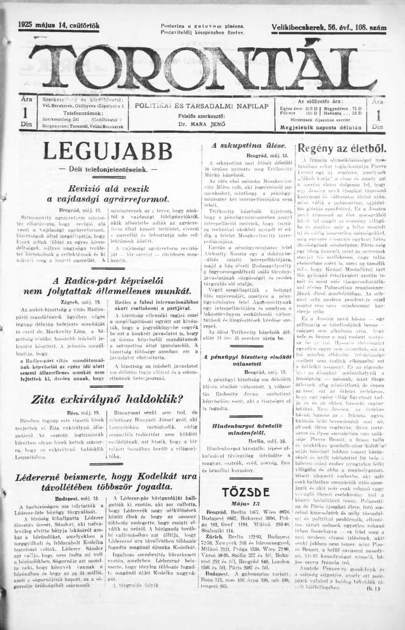 Torontál, 54. évf. 1925. május 14. 108. sz.