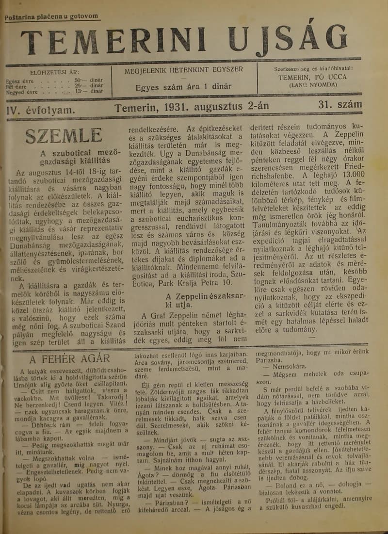 Temerini Újság 1928-1944, 4. évf. 1931. augusztus 2. 31. sz.