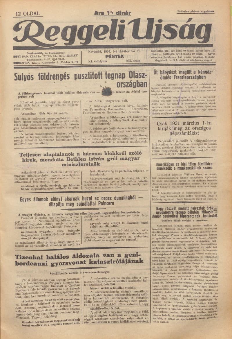 Reggeli Újság, 11. évf. 1930. október 31. 255. sz.