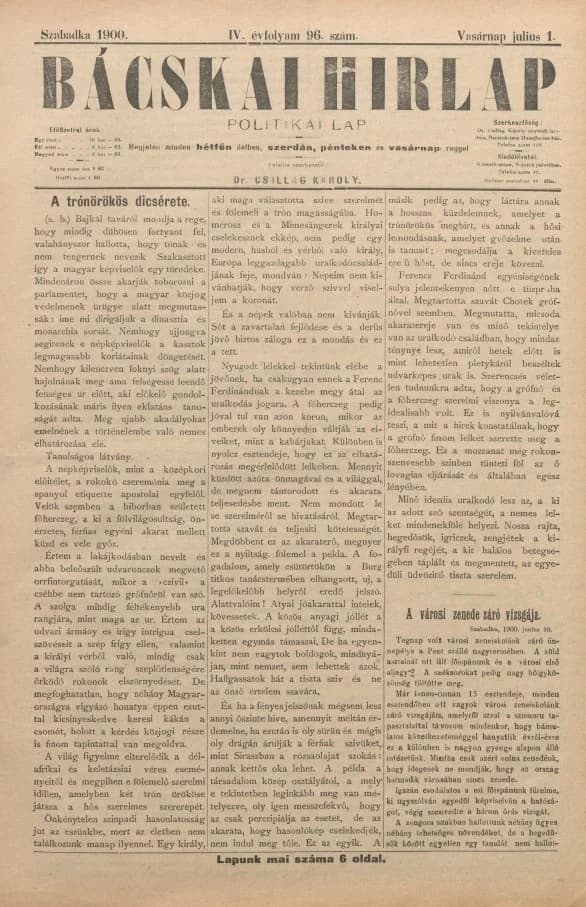 Bácskai Hirlap, 4. évf. 1900. július 1. 96. sz.