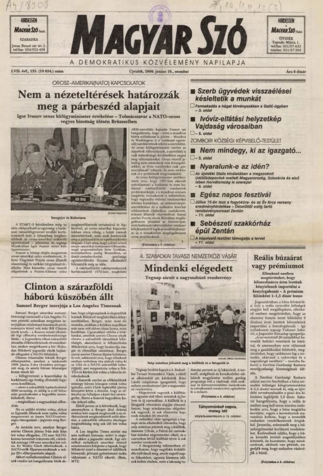 Magyar Szó, 57. évf. 2000. június 10. 135. sz. 1–16. oldal