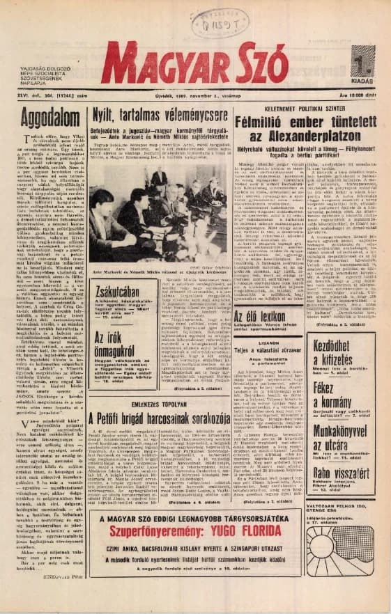 Magyar Szó, 46. évf. 1989. november 5. 304. sz.