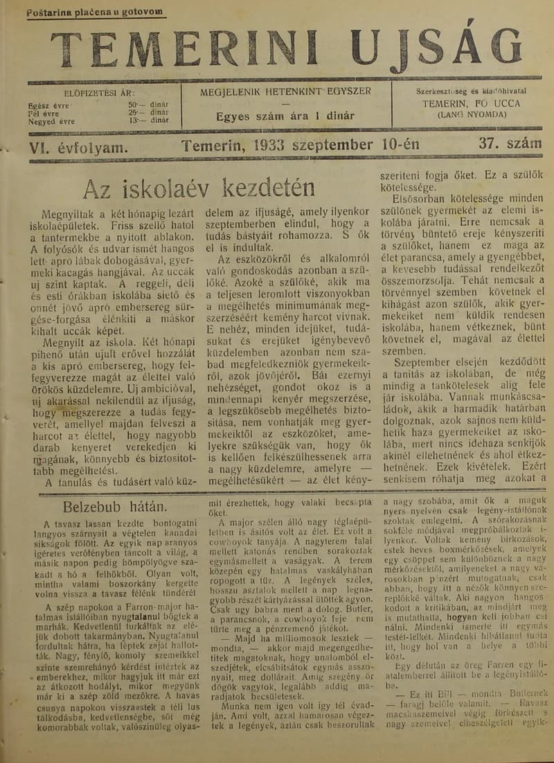 Temerini Újság 1928-1944, 6. évf. 1933. szeptember 10. 37. sz.