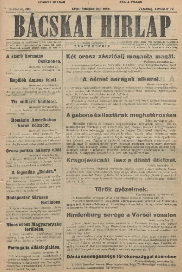 Bácskai Hirlap, 18. évf. 1914. november 22. 312. sz.