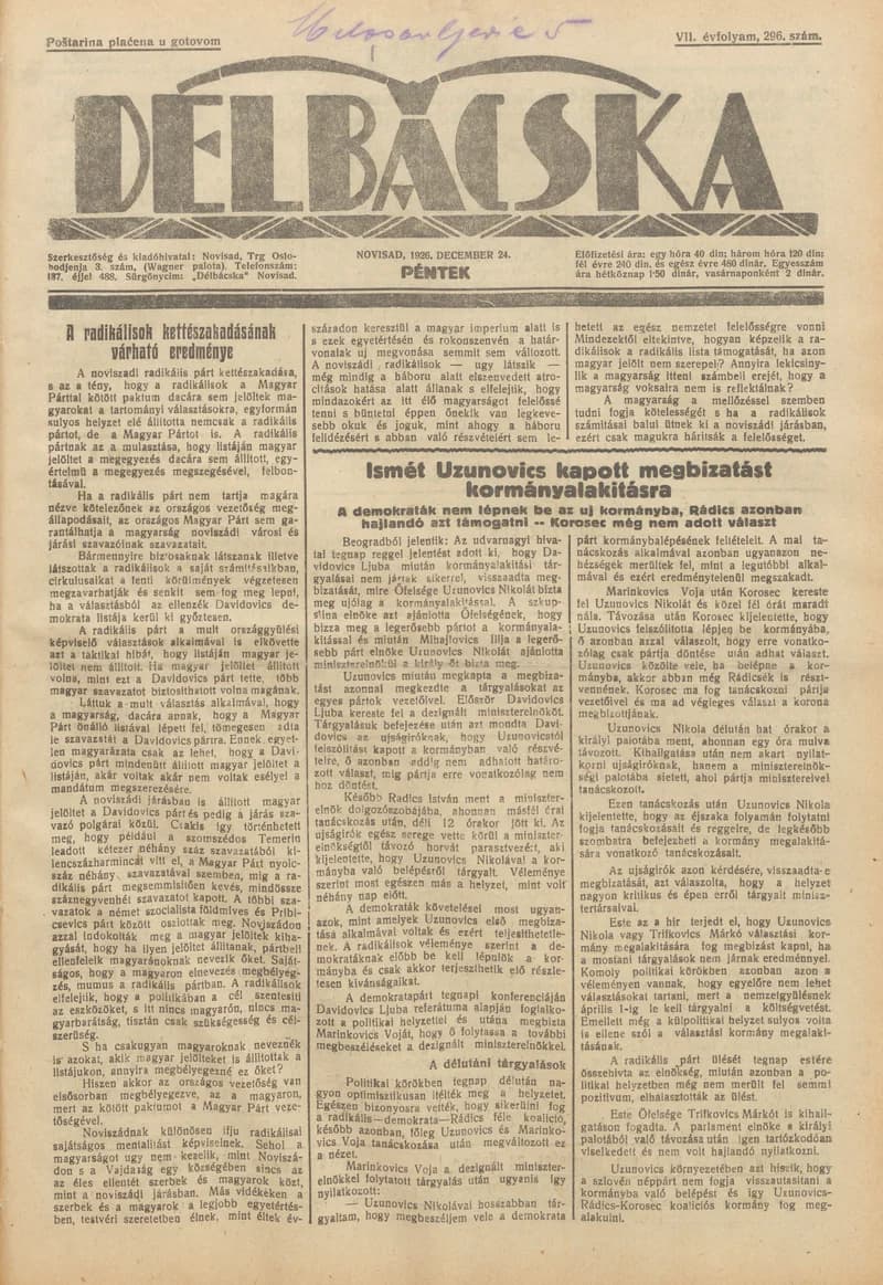 Délbácska, 7. évf. 1926. december 24. 296. sz.