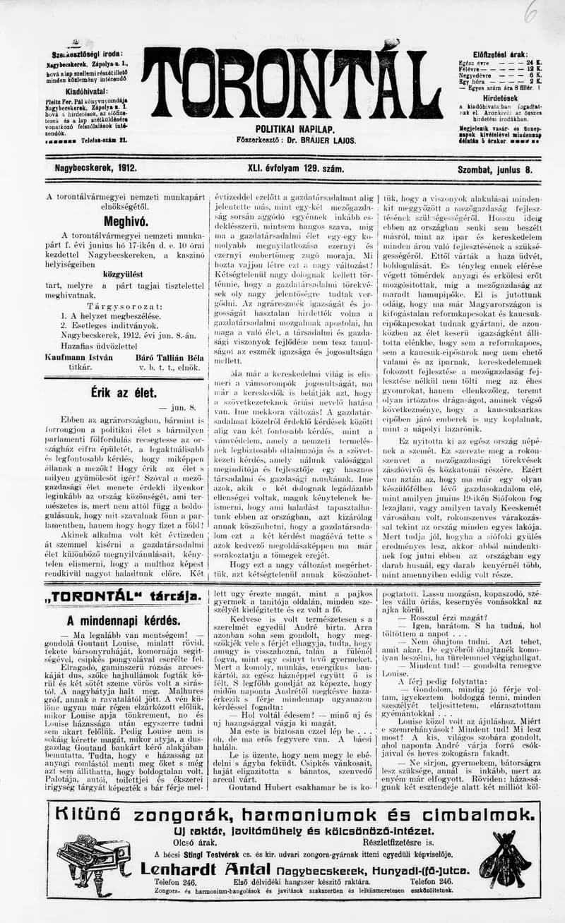Torontál, 41. évf. 1912. június 8. 129. sz.
