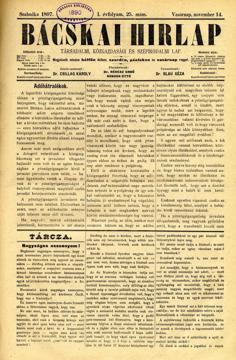 Bácskai Hirlap, 1. évf. 1897. november 14. 25. sz. 1–4. oldal