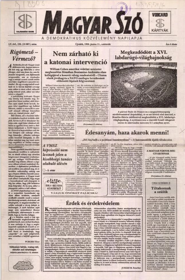 Magyar Szó, 55. évf. 1998. június 11. 138. sz. 1–16. oldal