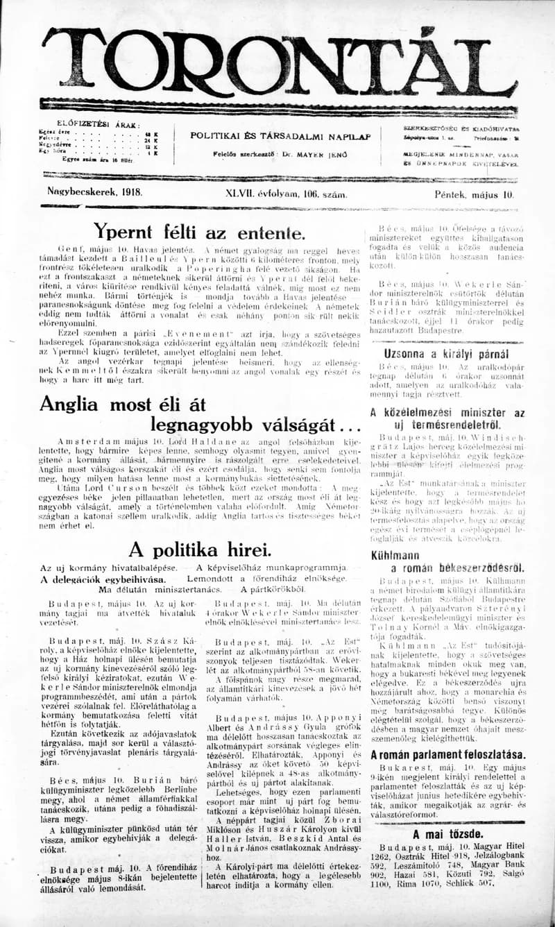 Torontál, 47. évf. 1918. május 10. 106. sz.