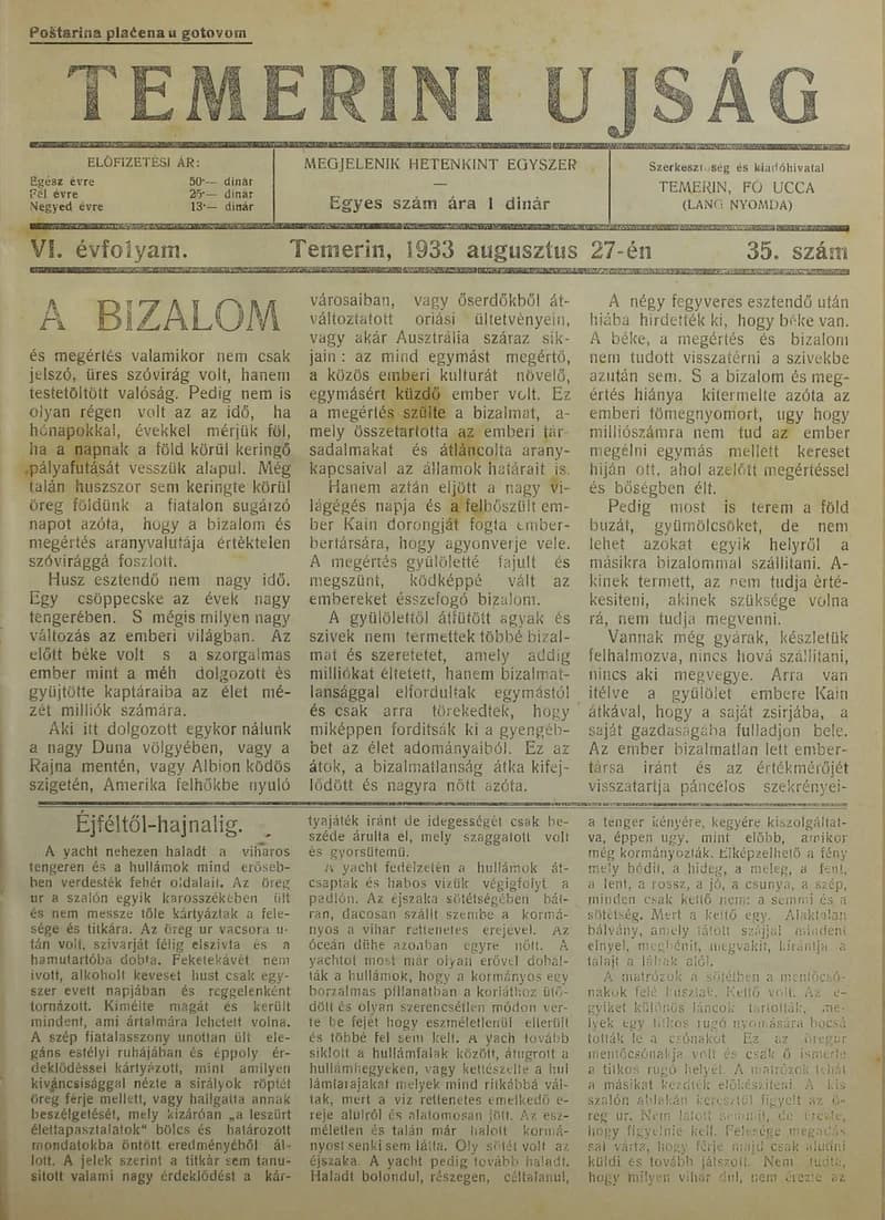 Temerini Újság 1928-1944, 6. évf. 1933. augusztus 27. 35. sz.