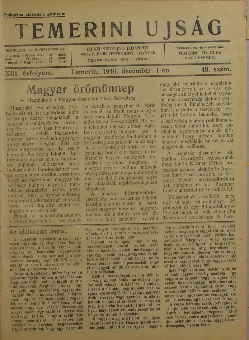 Temerini Újság 1928-1944, 13. évf. 1940. december 1. 49. sz.