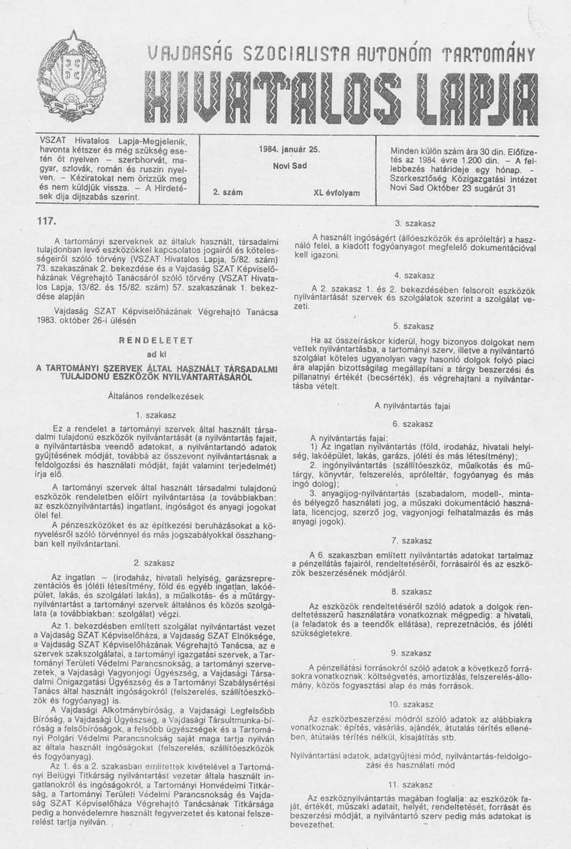 Vajdaság Szocialista Autonóm Tartomány Hivatalos Lapja, 40. évf. 1984. január 25. 2. sz.