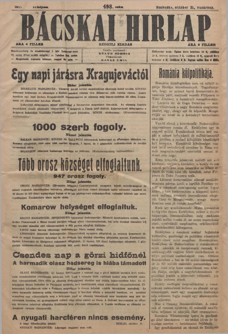Bácskai Hirlap, 19. évf. 1915. október 31. 498. sz.