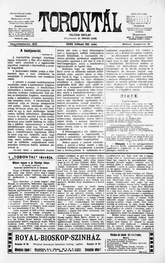 Torontál, 39. évf. 1910. december 16. 286. sz.