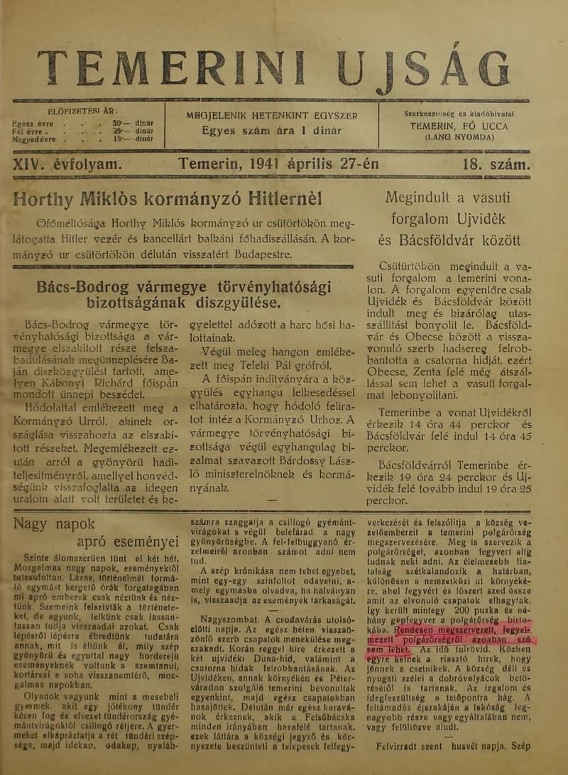 Temerini Újság 1928-1944, 14. évf. 1941. április 27. 18. sz.