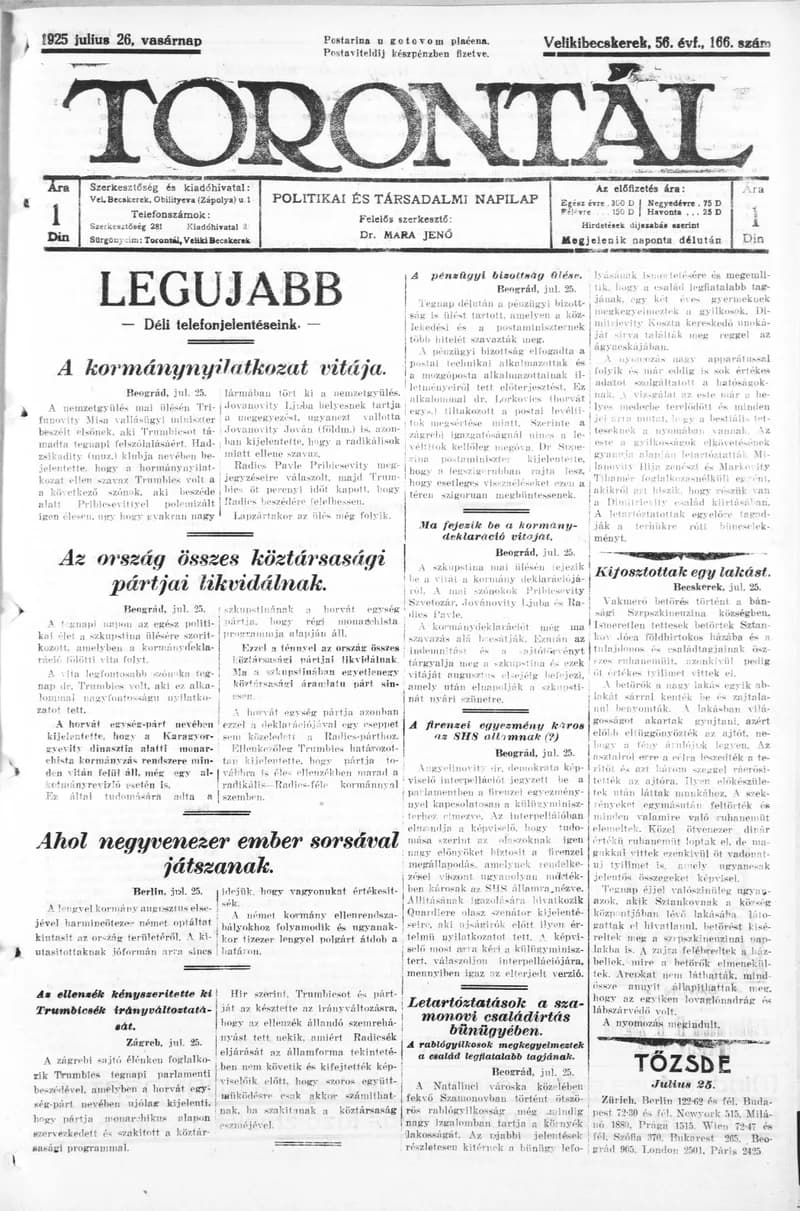 Torontál, 54. évf. 1925. július 26. 166. sz.